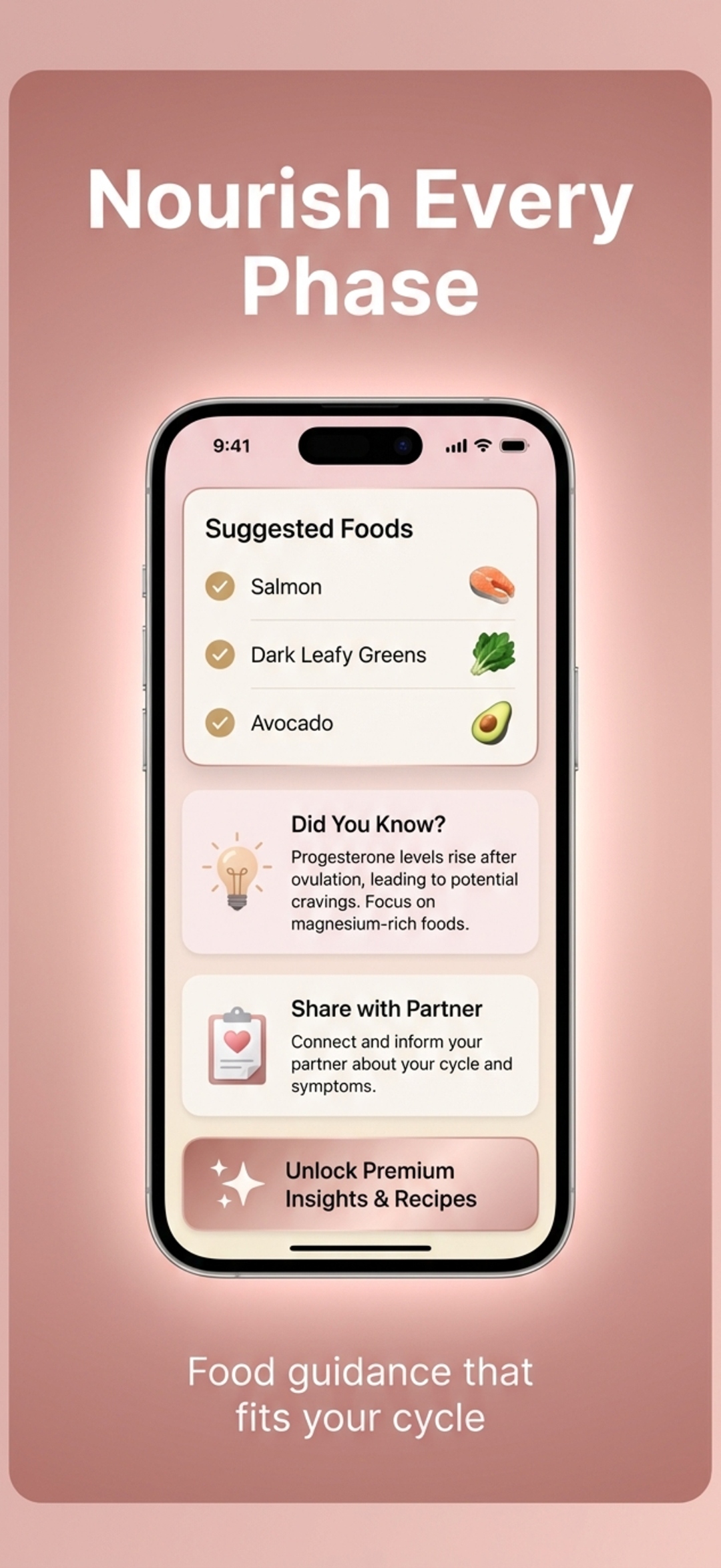 Fastara nutrition screen showing suggested foods, health tips, and partner sharing