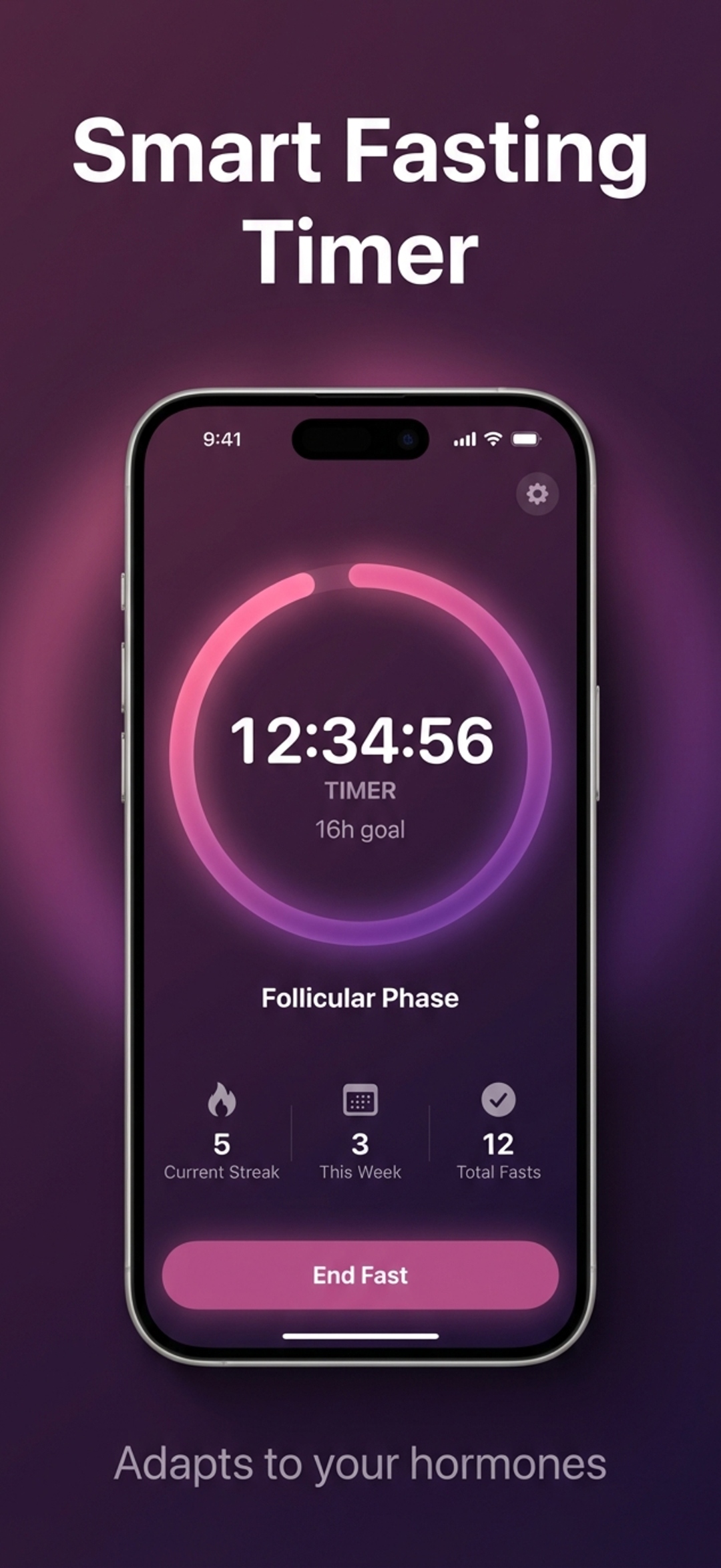Fastara smart fasting timer with phase-colored progress ring and streak stats