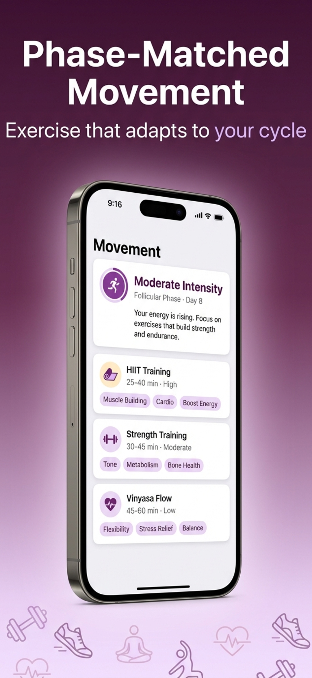 Fastara phase-matched workouts showing Yoga, HIIT, and Strength Training for follicular phase